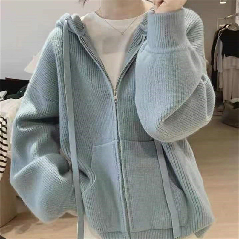 Hooded jacket for women with a trendy ribbed knit design and practical pockets Lune London