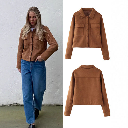 Short jacket for women in suede imitation with practical pockets and elegant collar Lune London