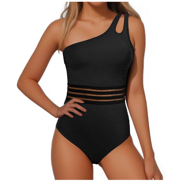 Women's one-piece swimsuit with asymmetrical neckline and fashionable mesh trim Lune London
