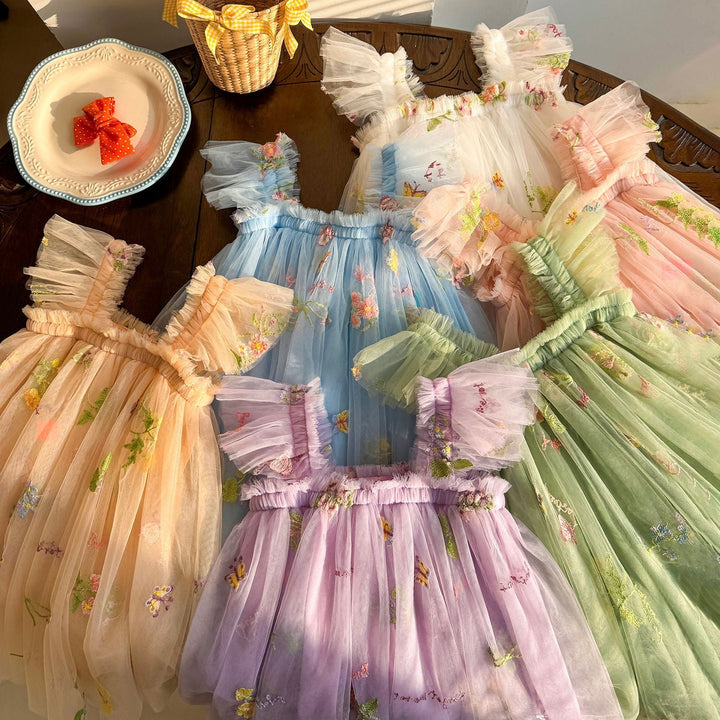 Girls Embroidered Tulle Party Dress with Ruffle Straps Lune London