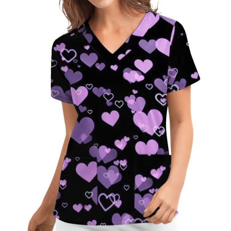 Women V Neck Heart Pattern Chic Medical Blouse and Style