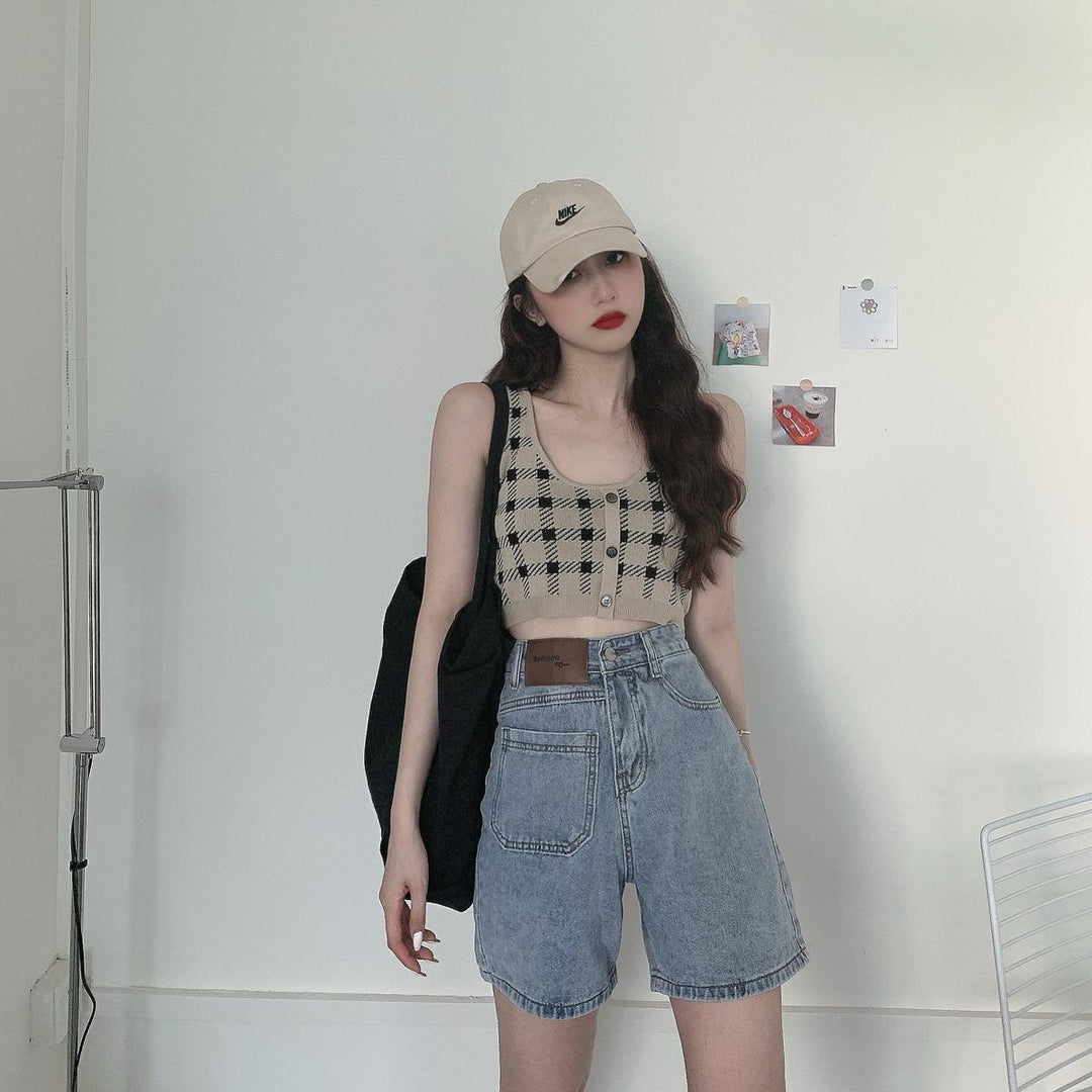Women's Cropped Top with Check Pattern and Button Detail Lune London