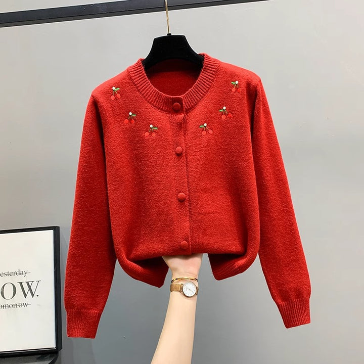 Ladies playful cardigan with embroidered cherries and red buttons Lune London