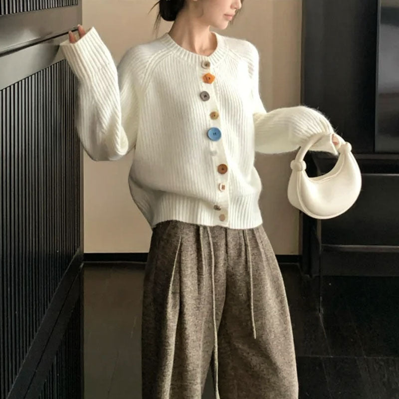 Knitted jacket for women with colorful button details and a high collar Lune London