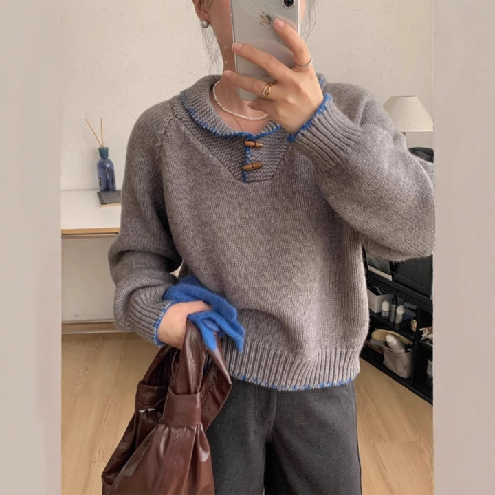 Casual knitted sweater for women with a unique button design and contrasting details Lune London