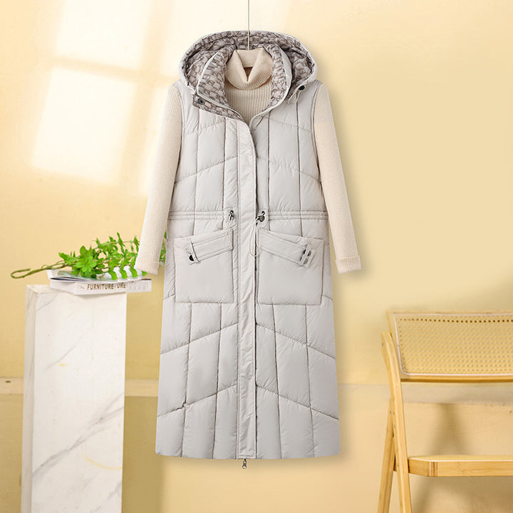 Ladies long quilted gilet with hood and practical drawstring Lune London