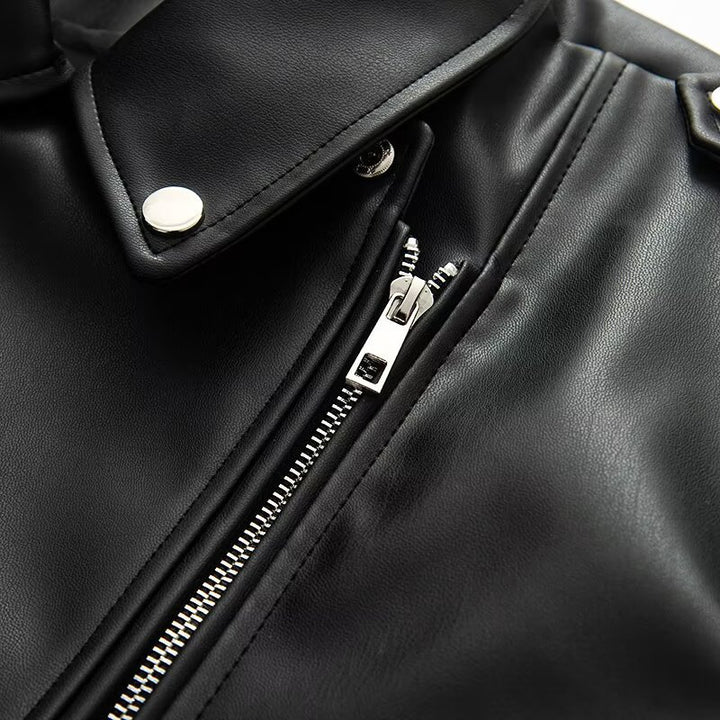 Faux leather motorcycle jacket for women with practical zip pockets and belt Lune London