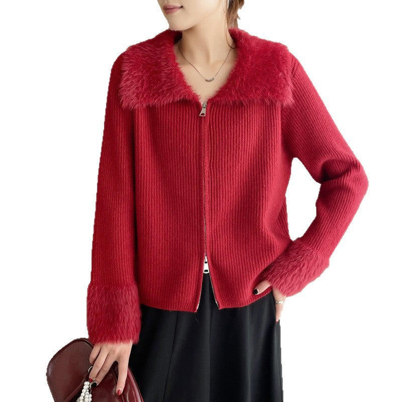 Cardigan pour femme avec col en fausse fourrure luxueuse et drapé en tricot côtes