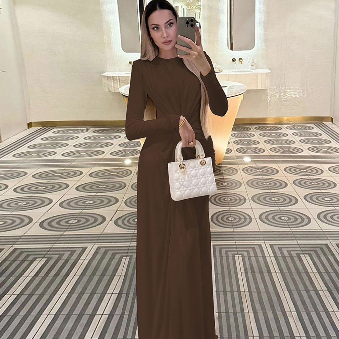 Women's Elegant Long Dress with Gathering and High Collar Lune London