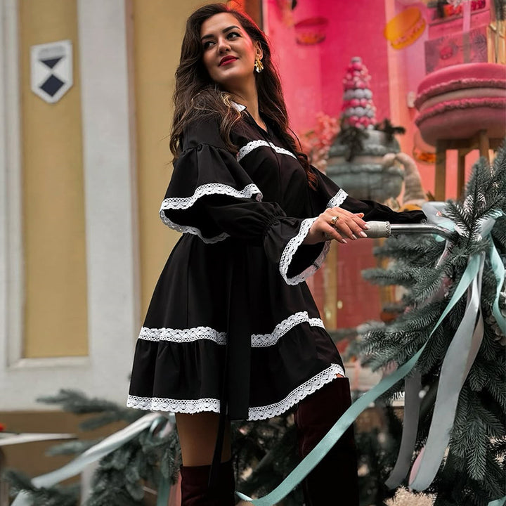 Ladies elegant dress with ruffles and lace embellishments Lune London