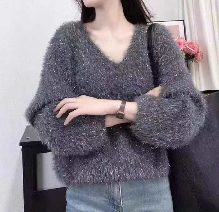 Pull féminin en V peluche avec manches longues et fils scintillants Chic & Stil