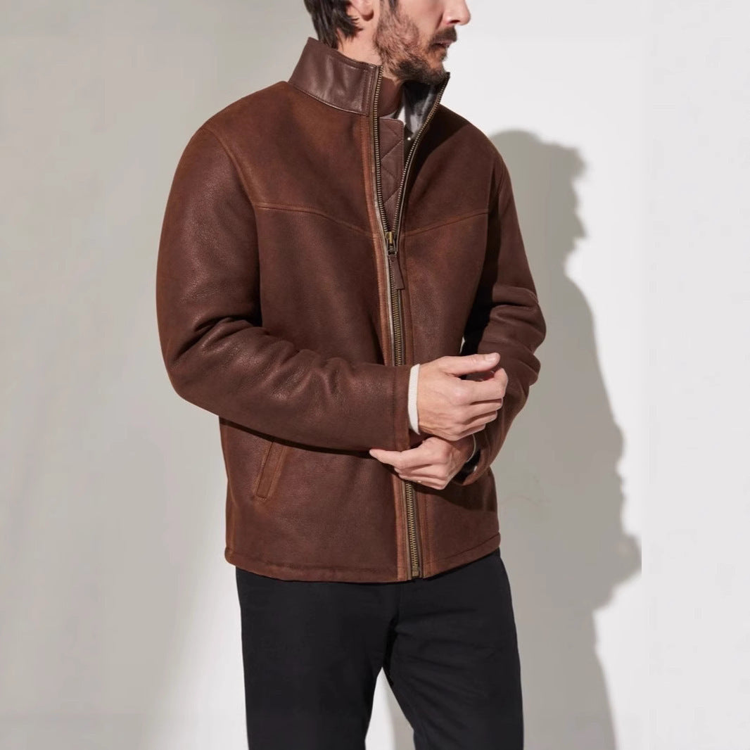 Men's Robust Leather Jacket with Quilted Details and High Collar Lune London