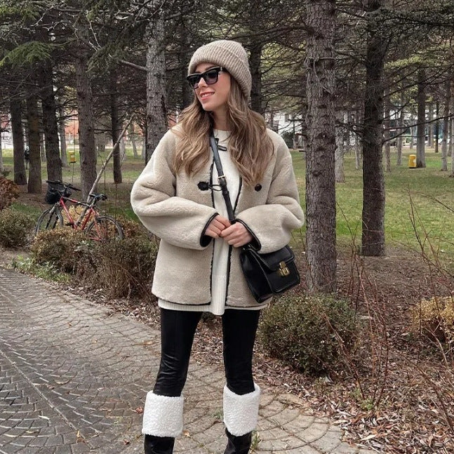 Ladies Comfortable Teddy Jacket with Contrast Button Details and Pockets Lune London