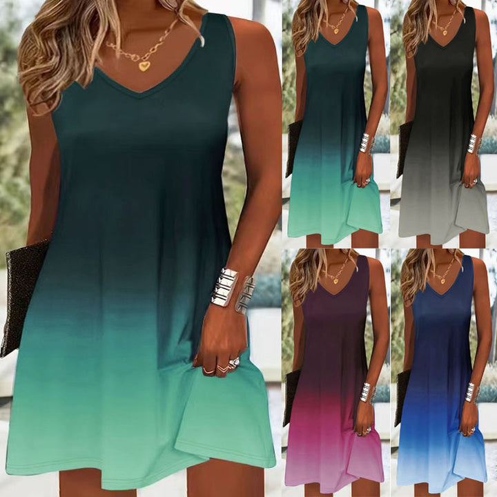 Summer dress with V-neck for ladies featuring a bright gradient of colors and a light, breathable fabric Lune London