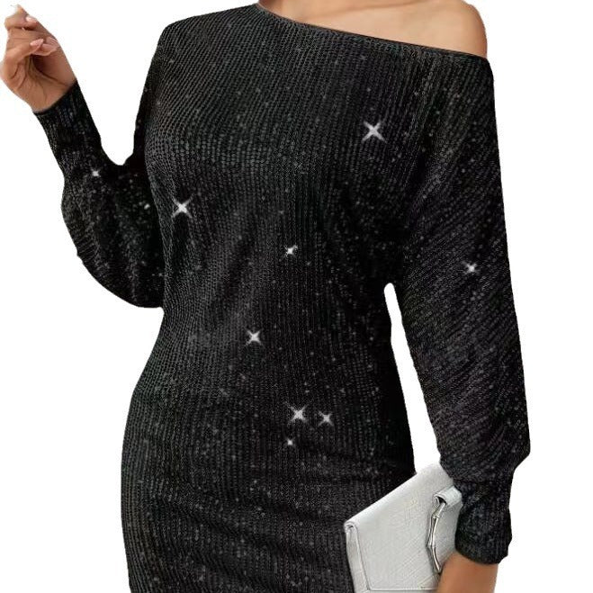 Glamorous mini dress for women with asymmetric sleeve design and sparkling effects Lune London