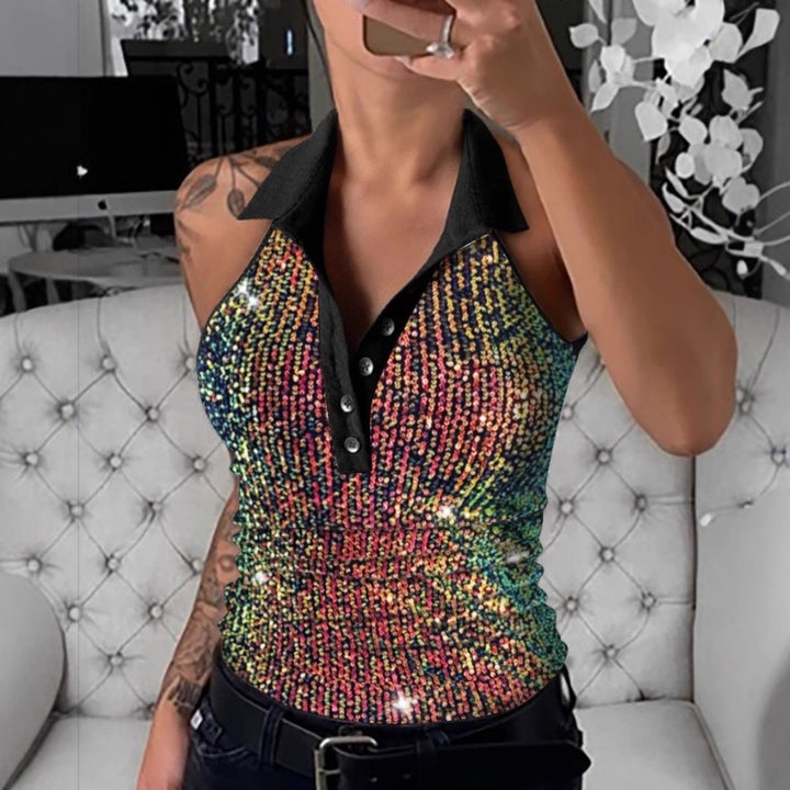 Women Leopard Pattern Chic Sequin Polo