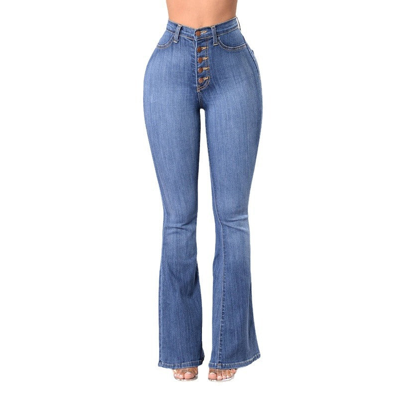 Jeans évasés taille haute pour femmes avec boutons décoratifs Chic & Stil