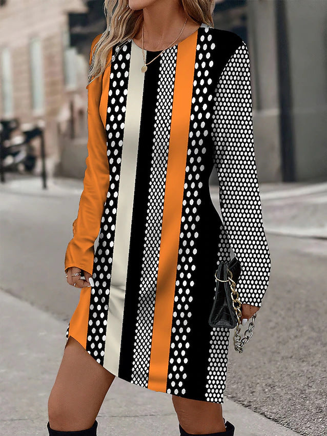Long sleeves long dress for women with graphic striped pattern and chic dot design Style