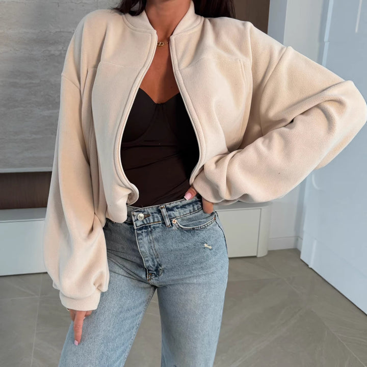 Women's Stylish Fleece Jacket with High Collar and Zipper Chic & Stil
