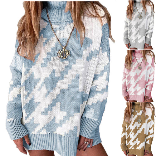 Knit sweater for women with high collar and modern zigzag pattern Lune London