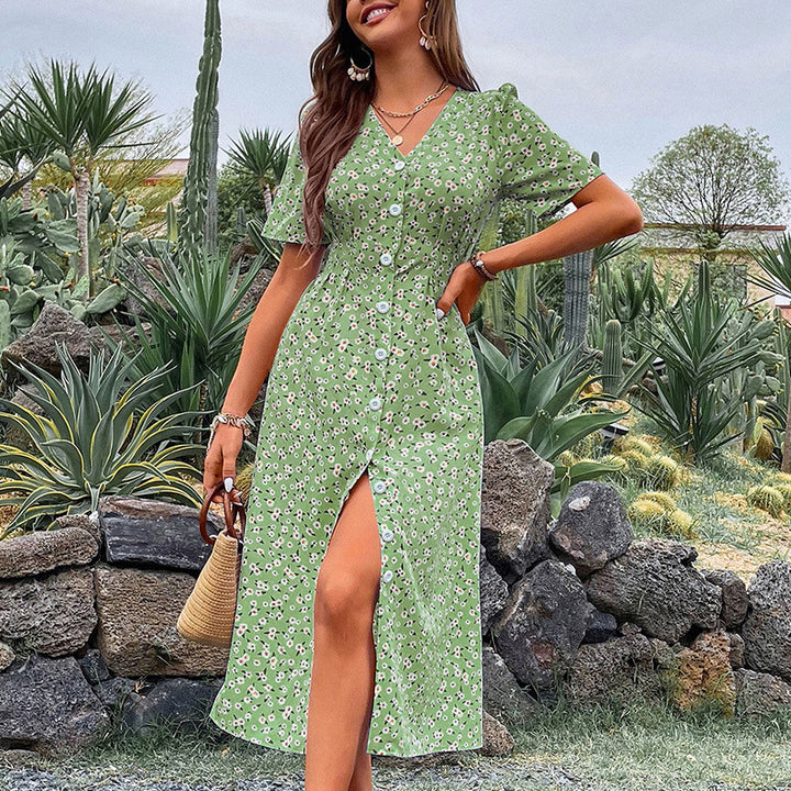 Midi floral dress with wrap neckline for women with side slit detail Lune London
