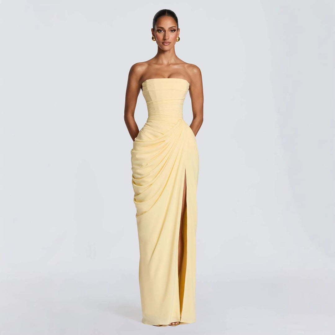 Ladies Elegant Long Sleeve Evening Dress with Asymmetric Draping and Narrow Slit Lune London