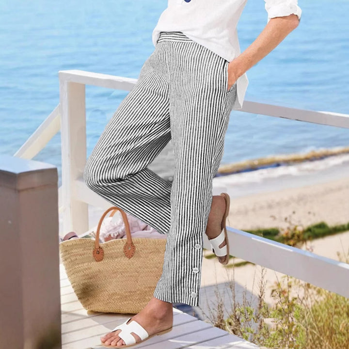 Long striped pants for women with button details and side pockets Lune London
