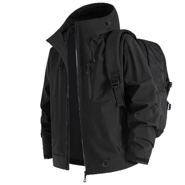 Functional outdoor jacket for men with adjustable hood drawstring and practical zip pockets Lune London