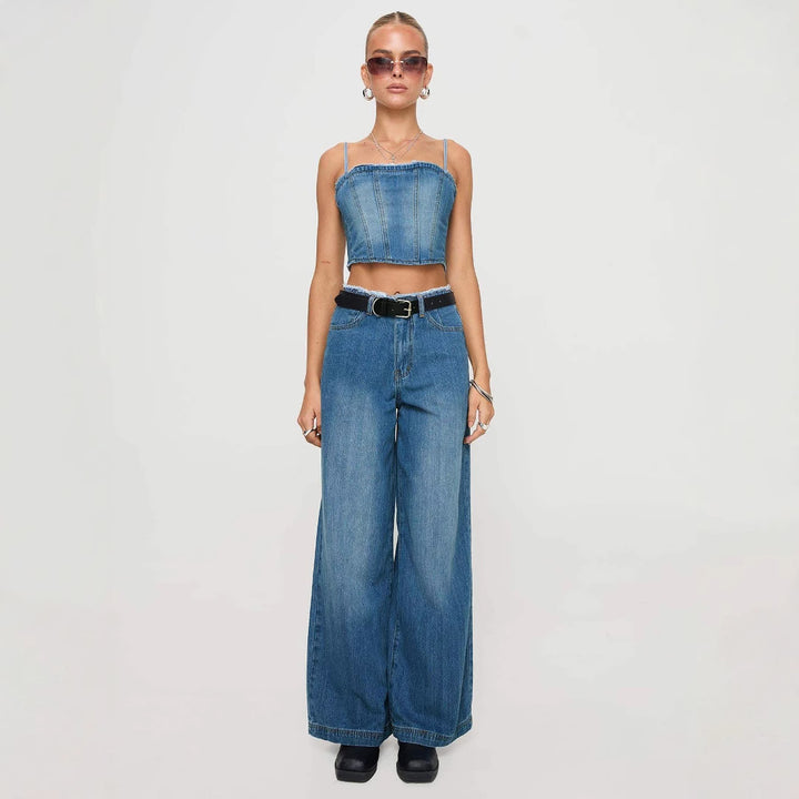 Women's wide denim jeans with high waistband and fringed hem Lune London