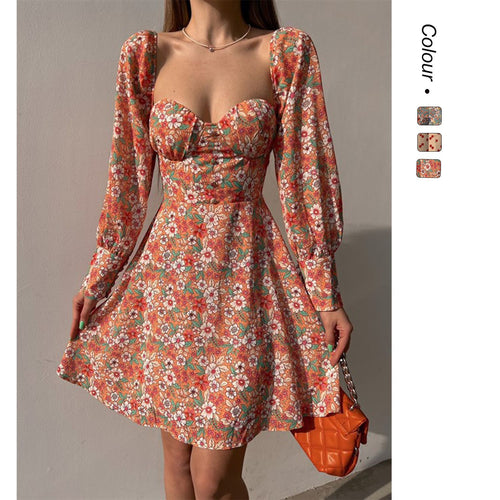 Women Puff Sleeve Dress with Romantic Floral Pattern and Heart-Shaped Neckline