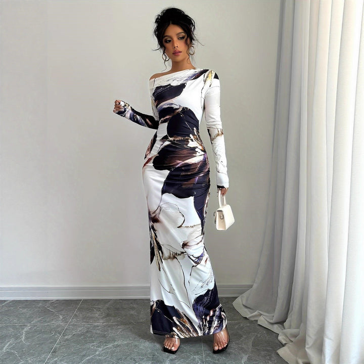 Elegant maxi dress for women with original artistic print and off-shoulder design Lune London