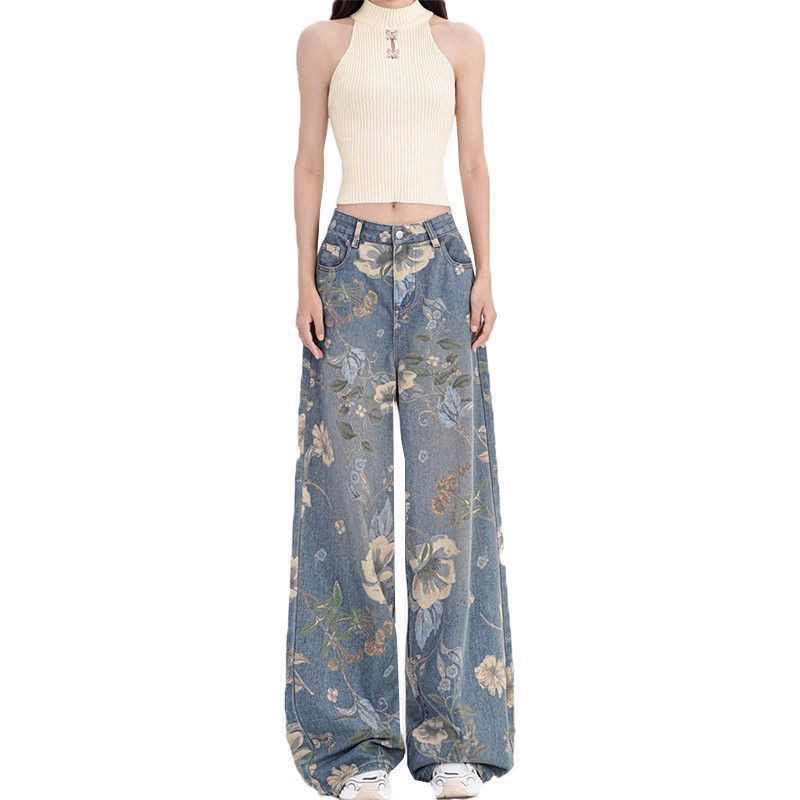 Jean femme à coupe large avec motifs floraux Chic & Stil
