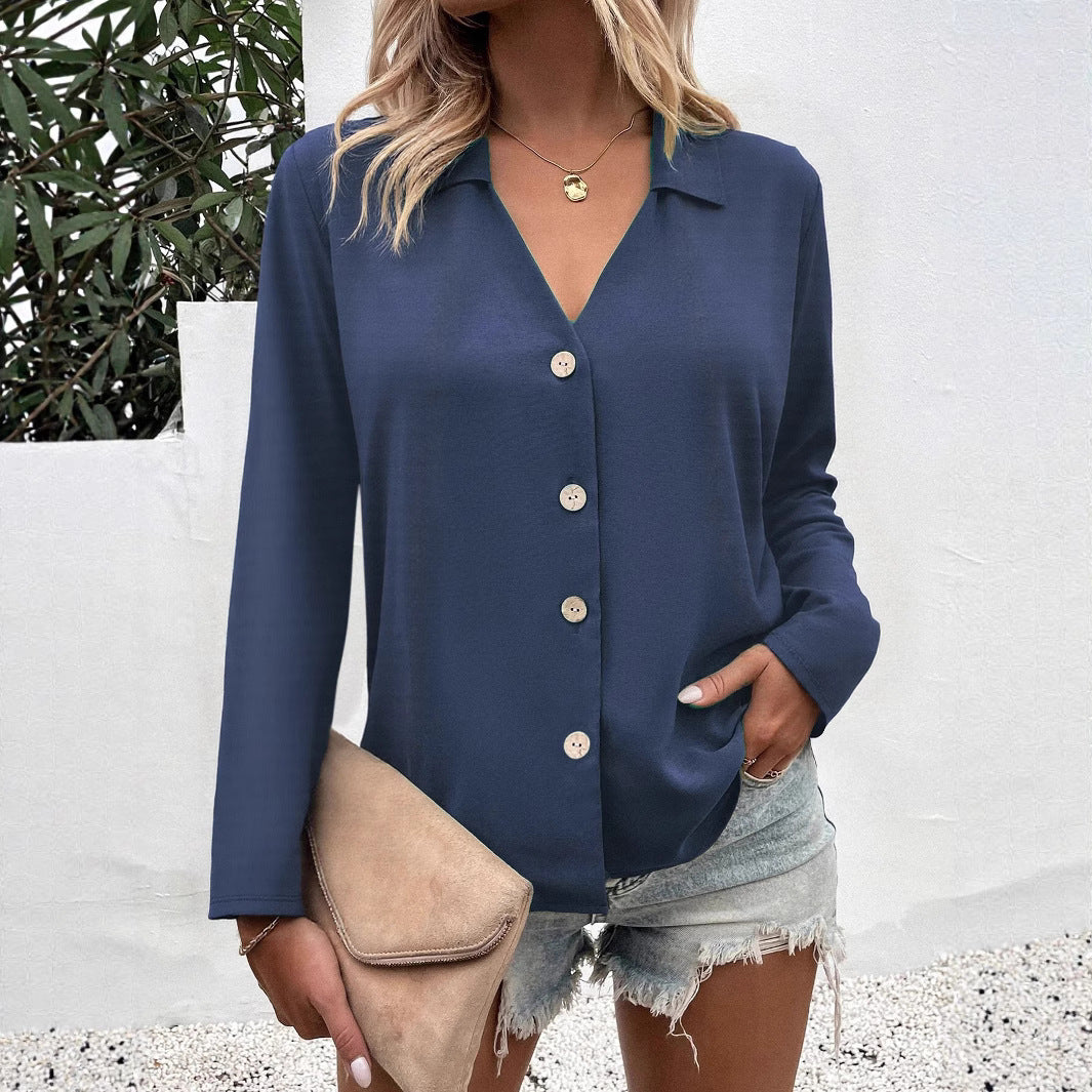 Trendy women's blouse with V-neck and button details Lune London
