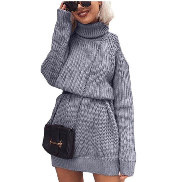 Elegant knitted sweater for ladies with high collar and off-shoulder Lune London