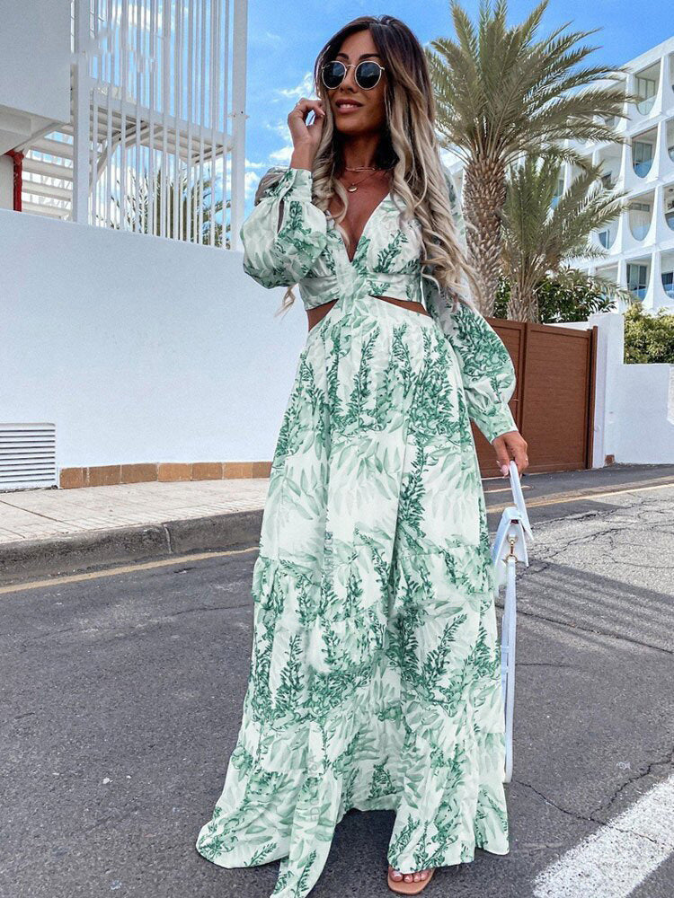 Maxi dress for women with an elegant V-neckline and a playful ruffled hem Lune London