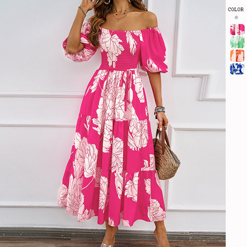 Maxi Dress for Women with Off-Shoulder, Voluminous Sleeves and Chic & Stylish Print