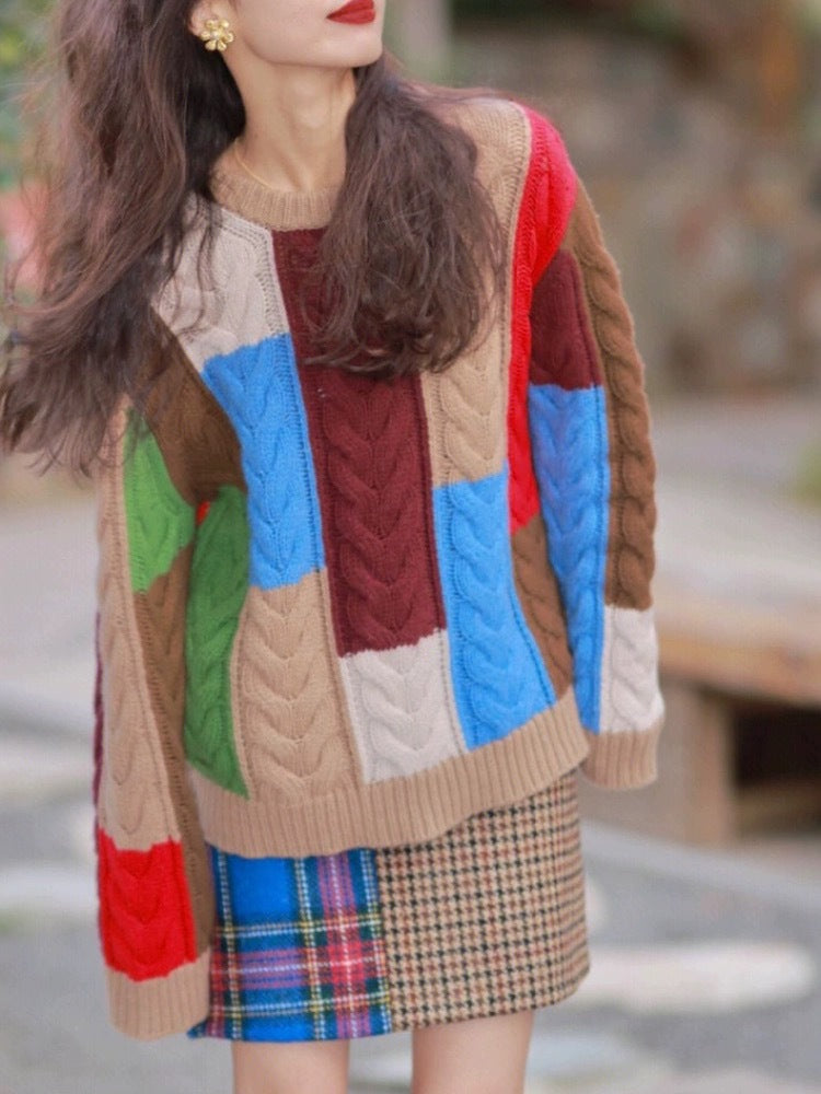 Pull en tricot épais pour femmes avec motif patchwork coloré Chic & Stil