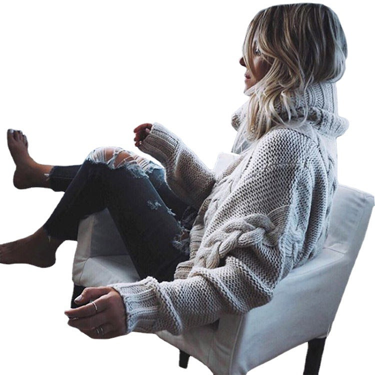 Pull en tricot épais pour femmes avec col roulé large et motif en cable Chic & Stil