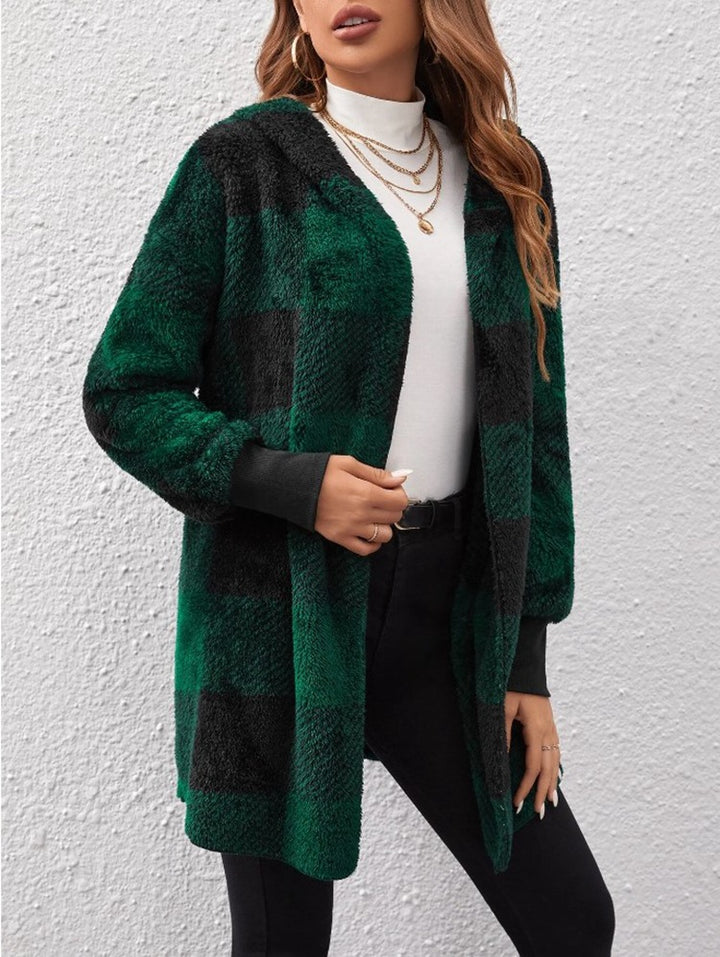 Ladies Cozy Fleece Jacket with Checkered Pattern and Hooded Design Lune London