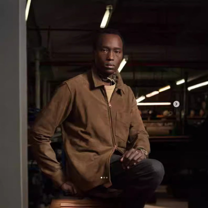 Suede jacket for men with a modern high collar and practical pockets Lune London