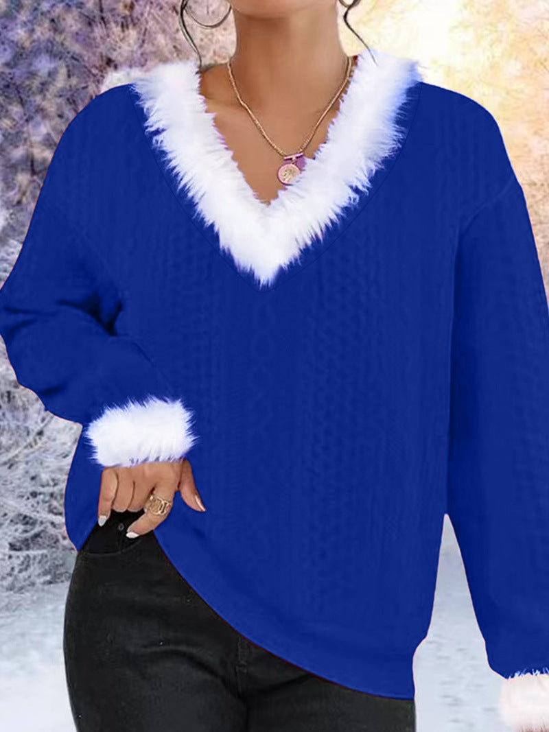 Sweater en tricot pour femmes avec décolleté en V et bord en fausse fourrure contrastant Chic & Stil