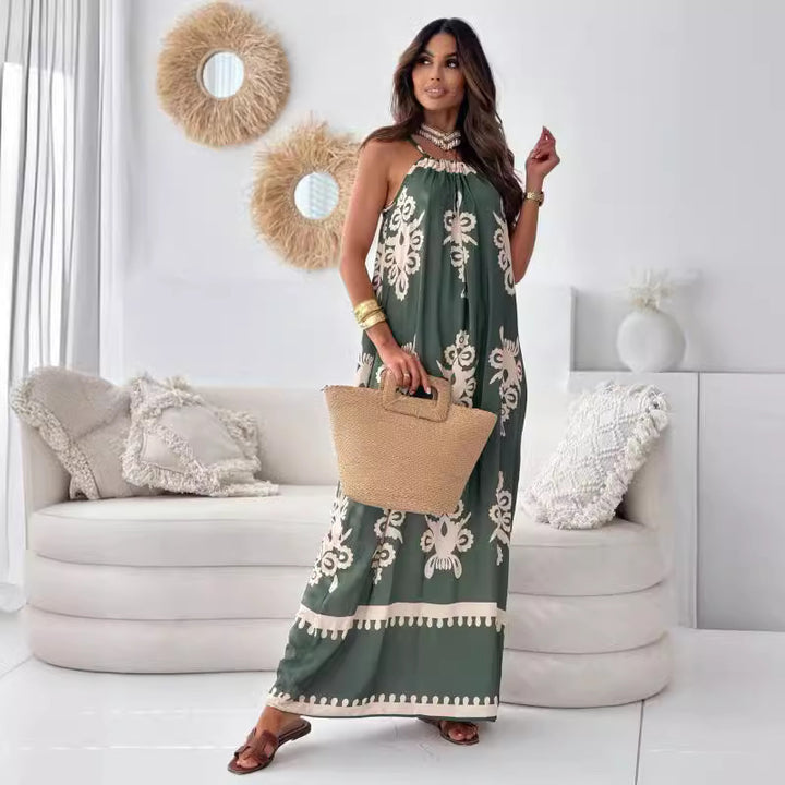 Bohemian inspired maxi dress for women with adjustable halter neckline Lune London