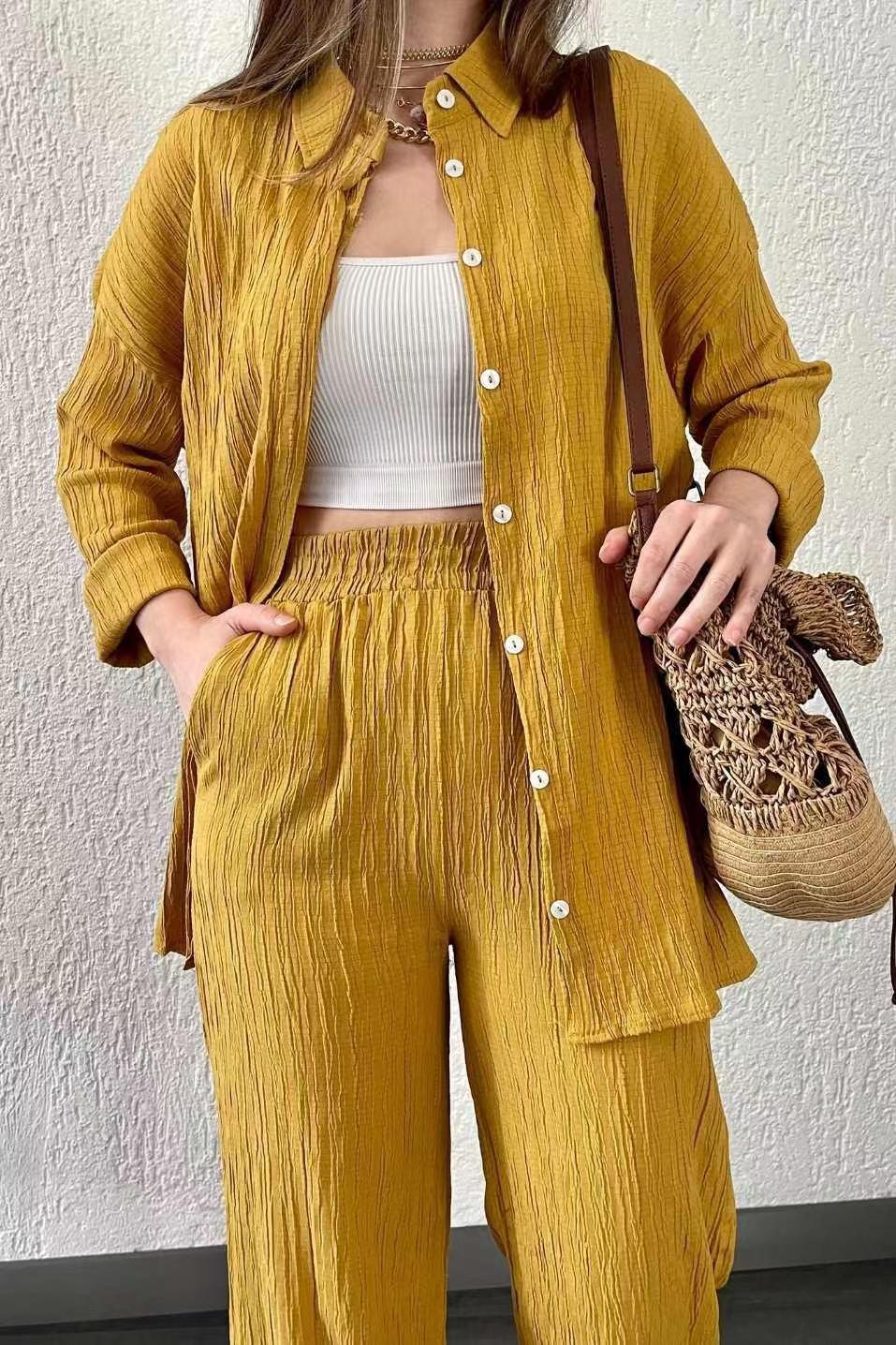 Plus size casual shirt set for women and chic wide leg pants