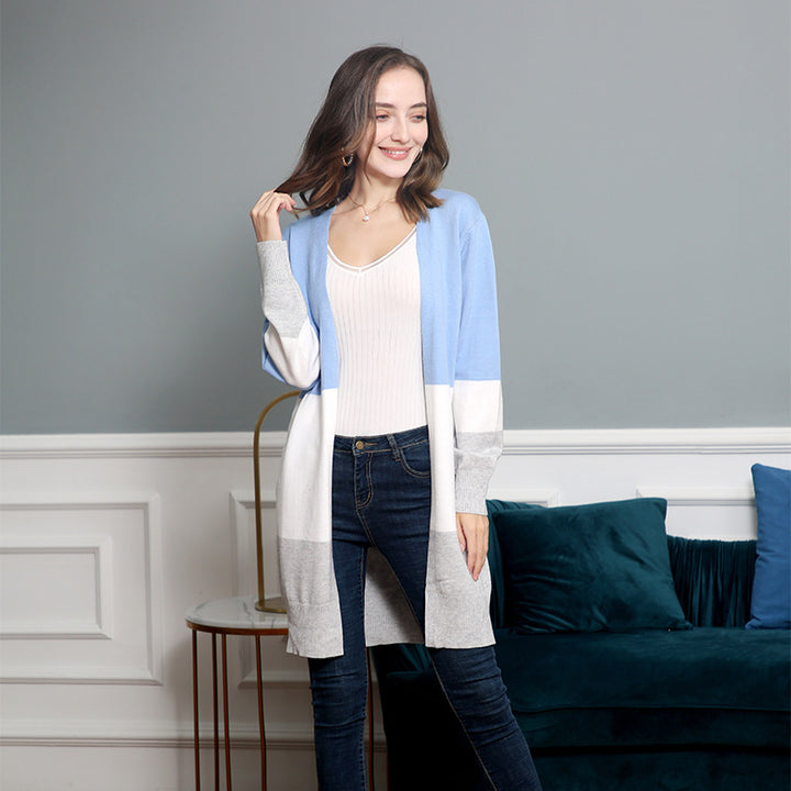 Ladies casual knitted vest with a modern striped pattern and open front Lune London