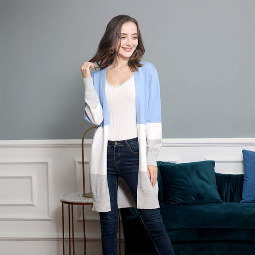 Ladies casual knitted vest with a modern striped pattern and open front Lune London