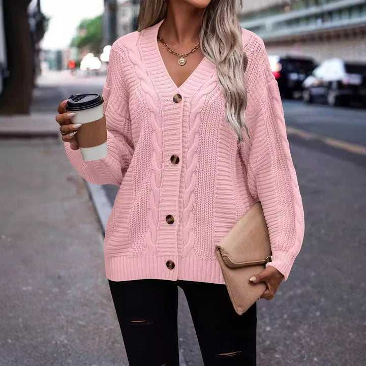 Cable knit patterned cardigan for women with button detail Lune London