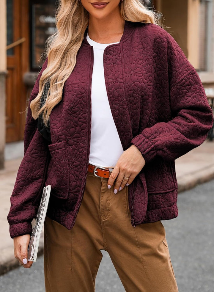 Quilted bomber jacket for women with floral design and practical pockets Lune London