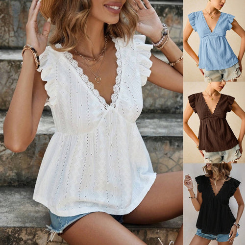 Ladies blouse with ruffled sleeves and deep V-neck Lune London