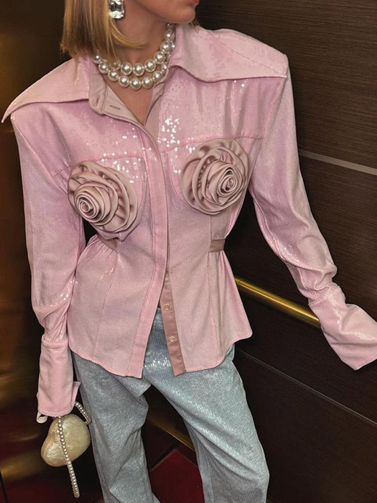 Women's glamour blouse with 3D rose appliqués and sequins Lune London