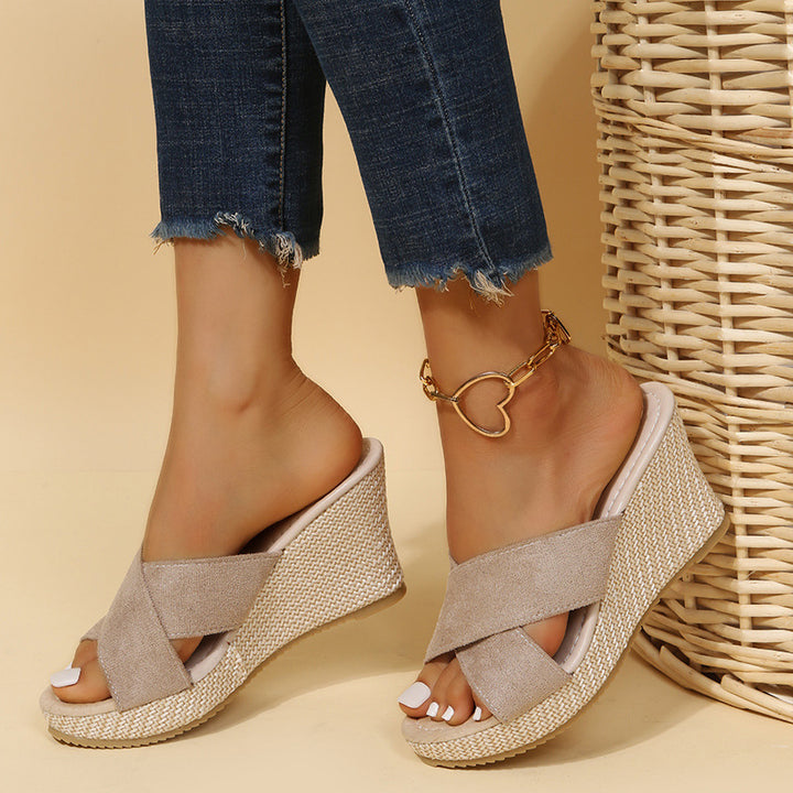 Women's wedge sandals with an elegant criss-cross strap and a lightweight footbed Lune London